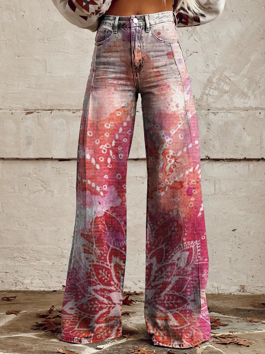 Vintage Print Casual Wide-Leg Pants