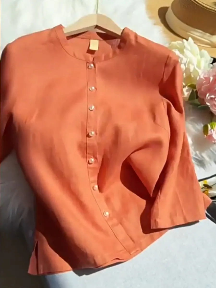 Tencel Linen Stand Collar Pearl Button Shirt