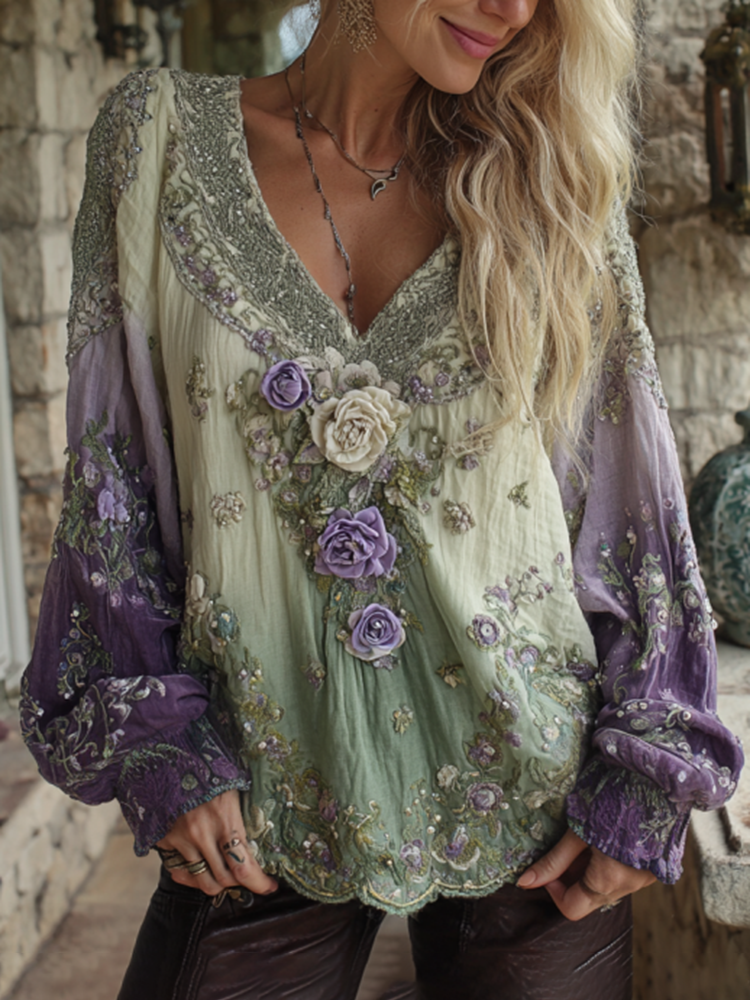 Vintage Classic Purple Lavender And Floral Embroidered V Neck Long Sleeve Shirt