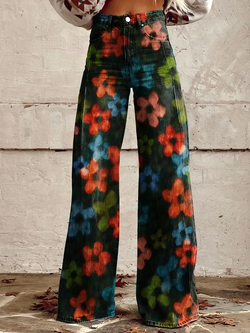 Vintage Stamens Print Casual Wide-Leg Pants