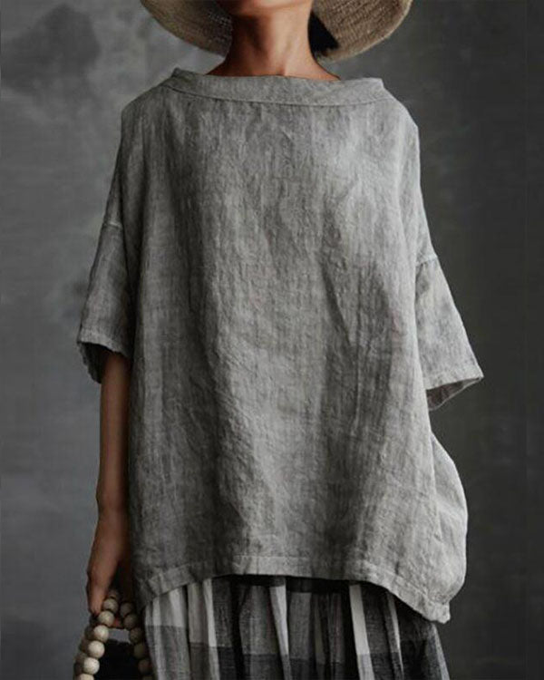 Boat Neck Half Sleeve Solid Loose Plus Size Casual Linen Tops