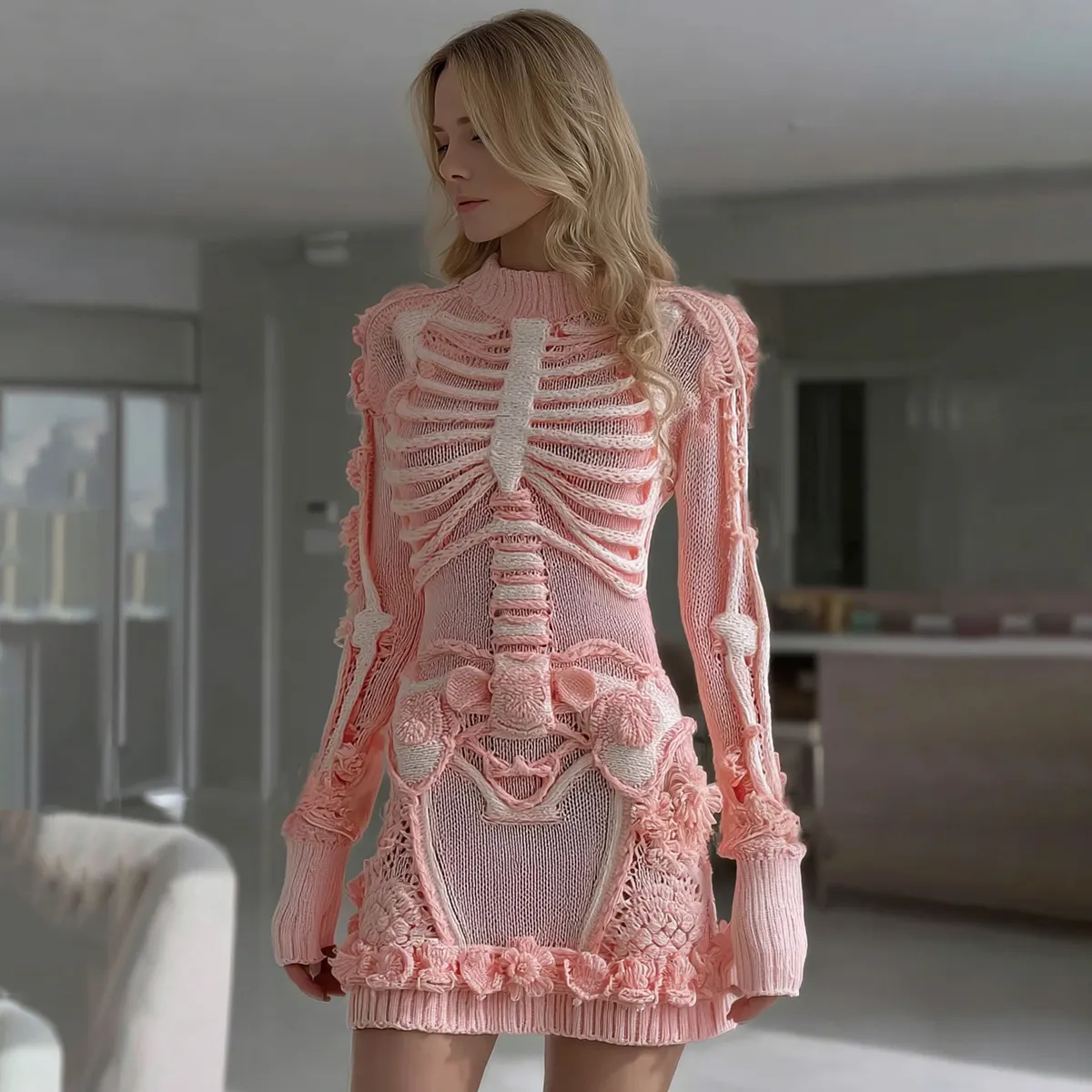 Women's Halloween Skeleton Bones Leather  With Rose Pattern Art Hot Sexy Style Cozy Knit Mini Sweater Dress