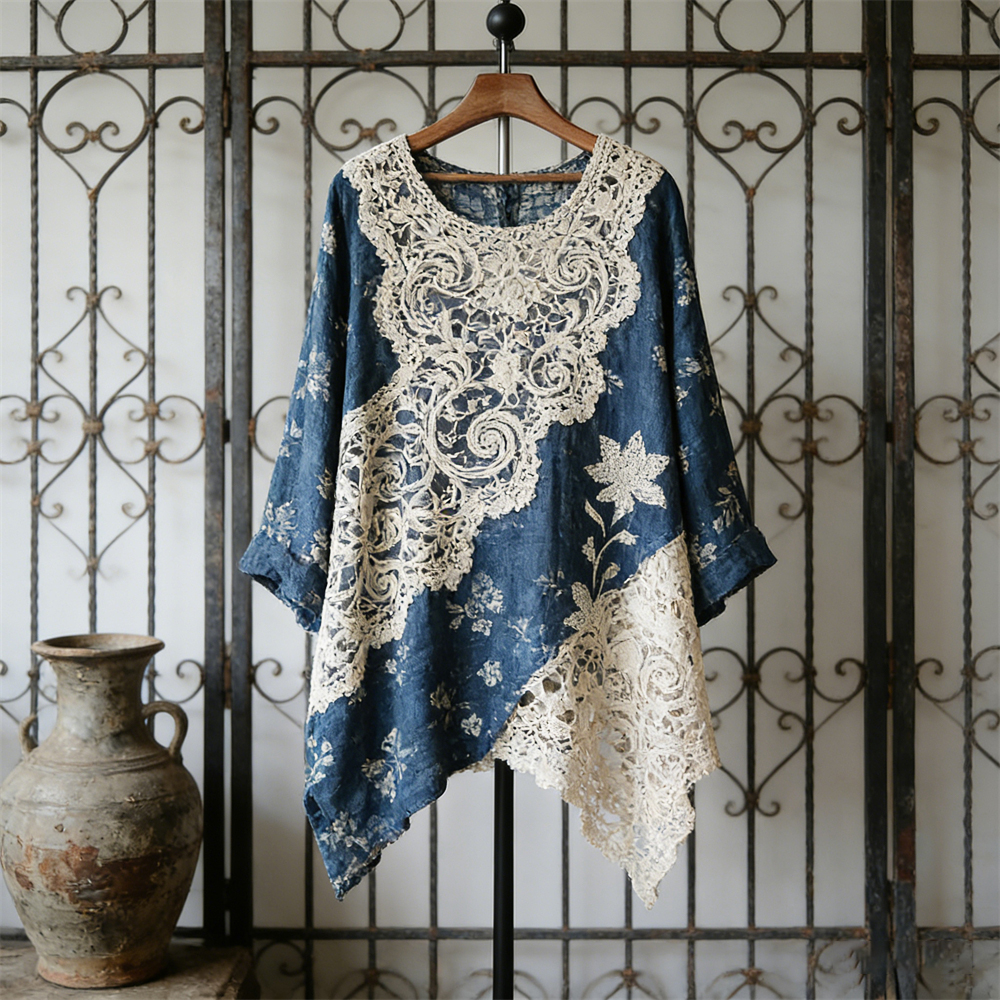 Boho Lace Patchwork Floral Linen Women's Irregular Long Sleeve Shirt
