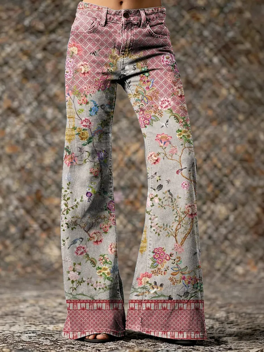 Floral Art Print Casual Washed Cotton Pants