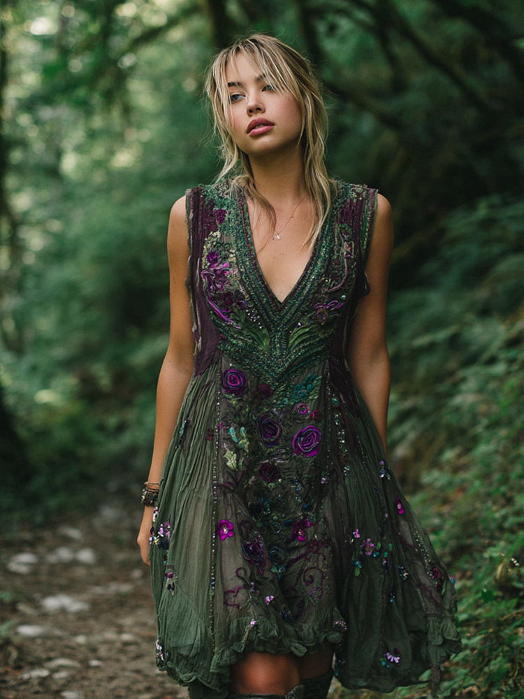 Vintage Purple Rose Embroidery V Neck Sleeveless Dress