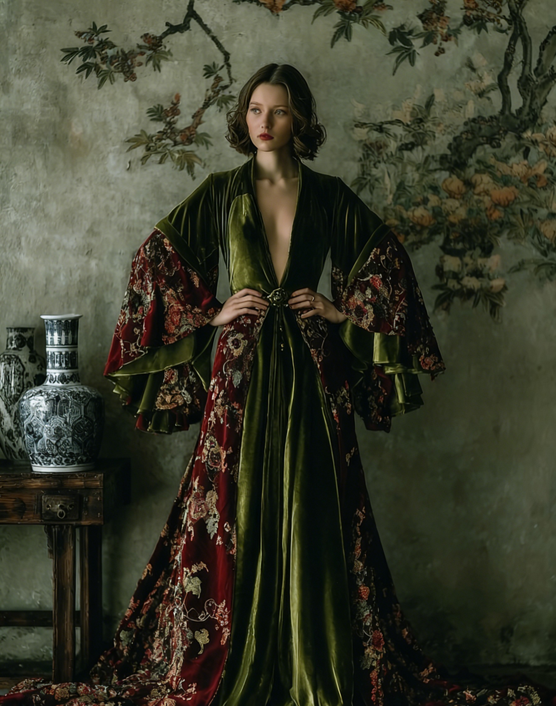 Women's Retro Fit Green Velvet Robe (belt Included)