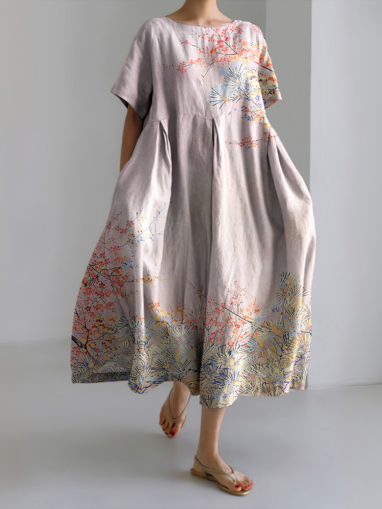 Japanese Cherry Blossoms Art Short Sleeve Midi Dress