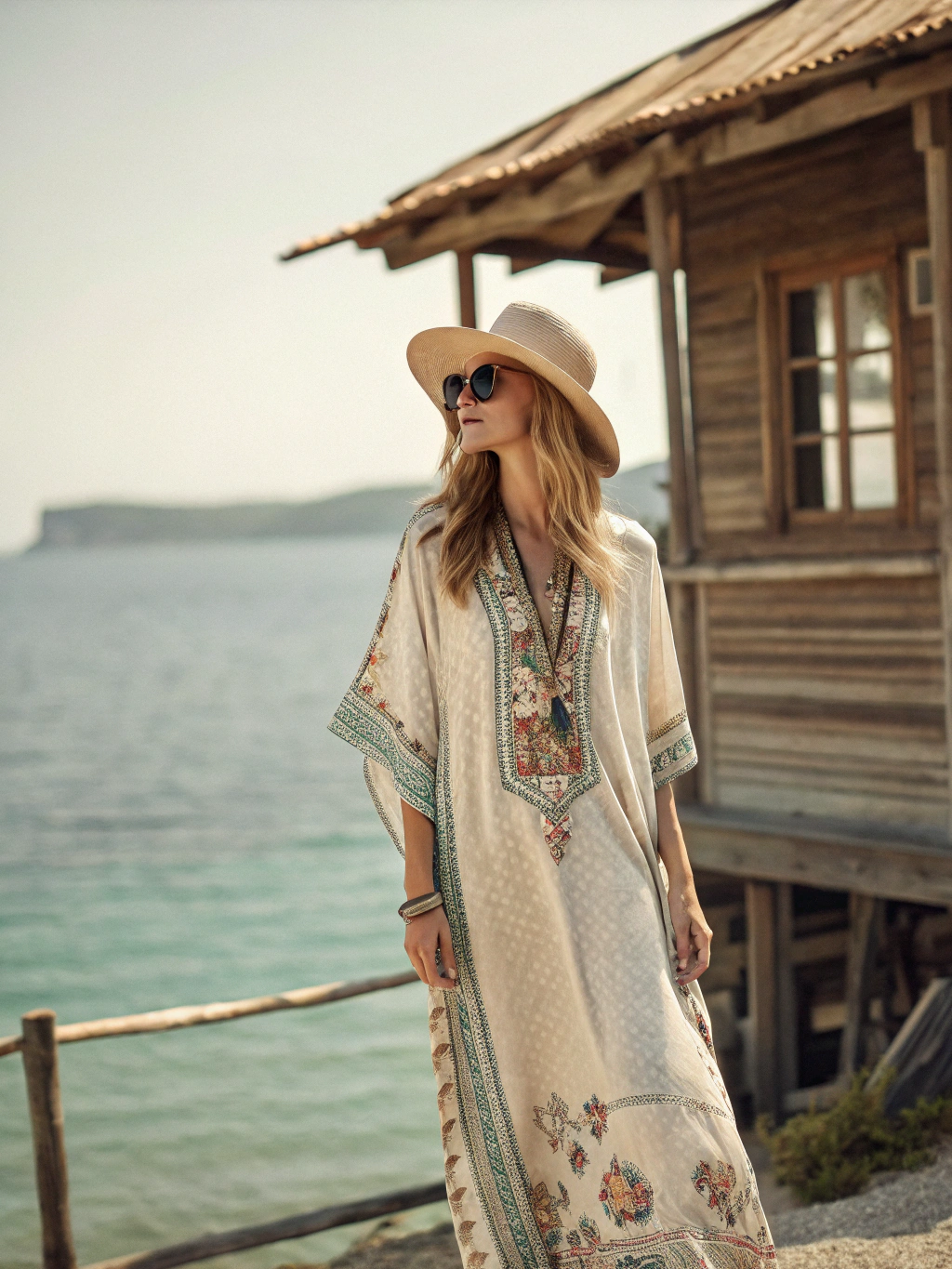 Contton & Linen Long-Sleeve Kaftan Maxi Dress