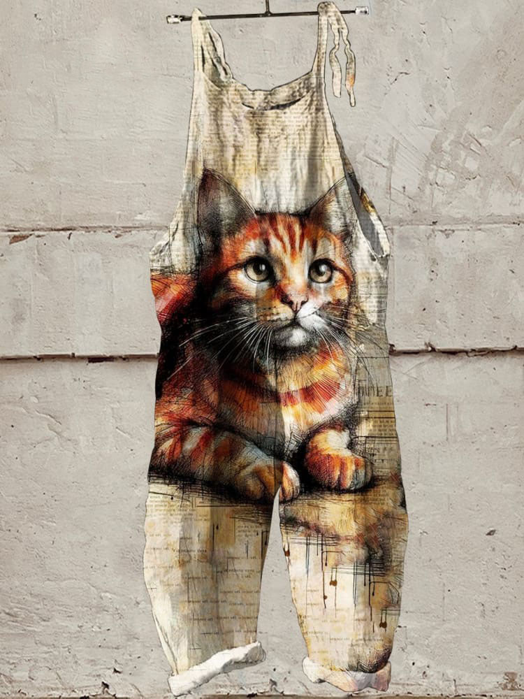 Cat Art Print Casual Wide-Leg Jumpsuit