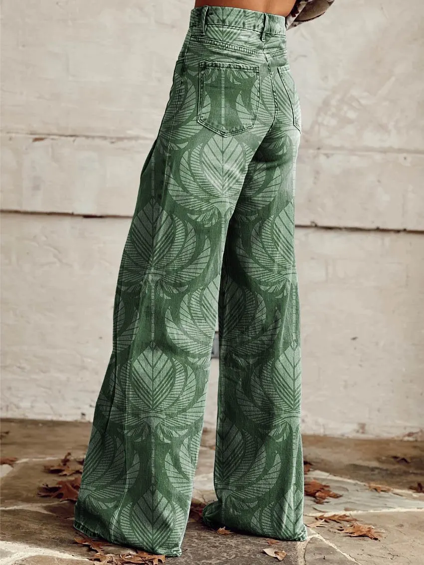 Green Print Casual Wide-Leg Pants