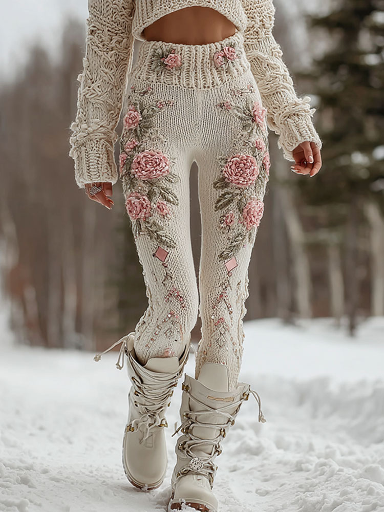 Women's Vintage Pink Floral Art Cozy Knit Leggings