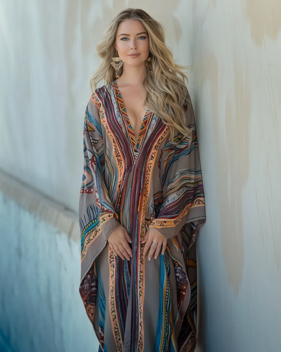 Cotton & Linen Long Sleeve Moroccan Style Kaftan Maxi Dress