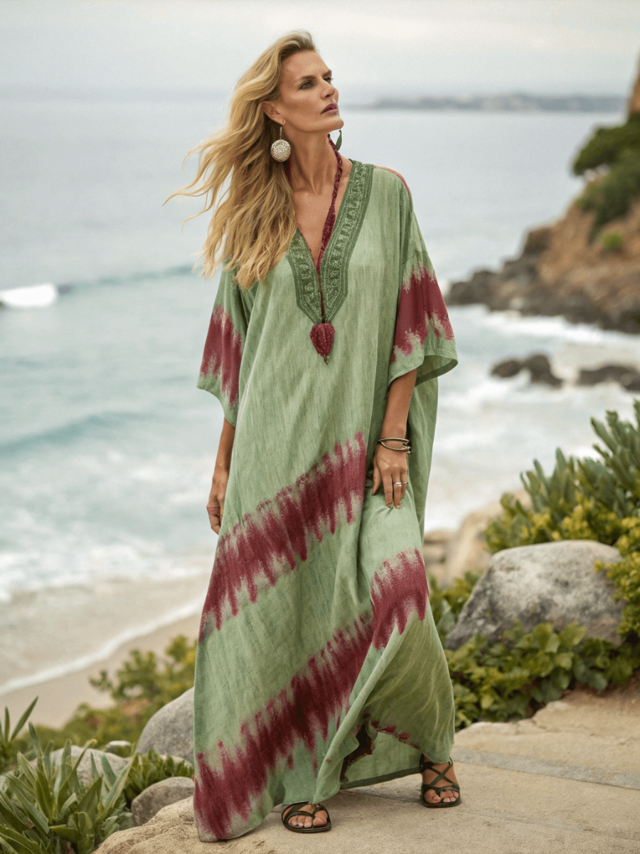 Linen Printed Kaftan Maxi Dress