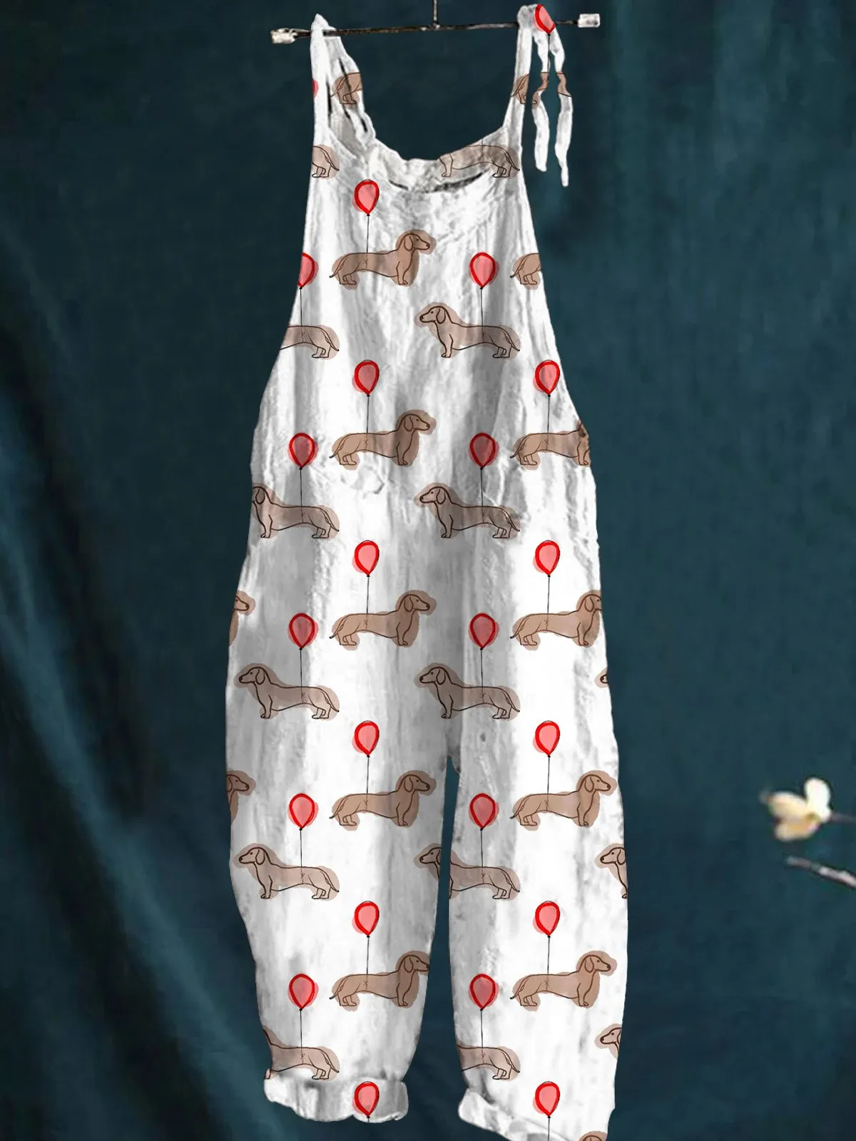 Dachshund Dog & Red Balloon Repeat Pattern Printed Women's Casual Wide-Leg Jumpsuit