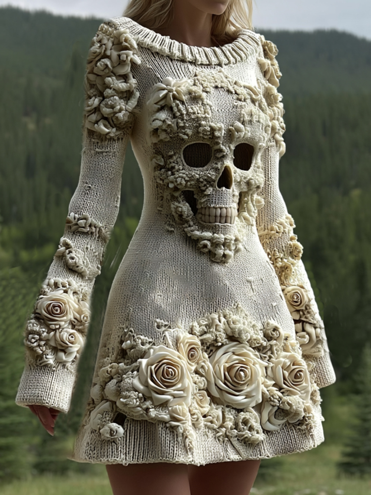 Women's Halloween Skull With Rose Art Cozy Knit Sweater Dress
