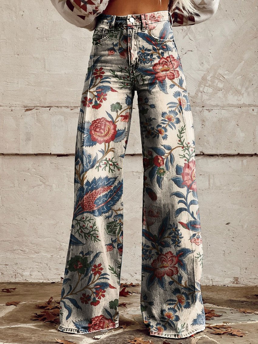 Vintage Print Casual Wide-Leg Pants
