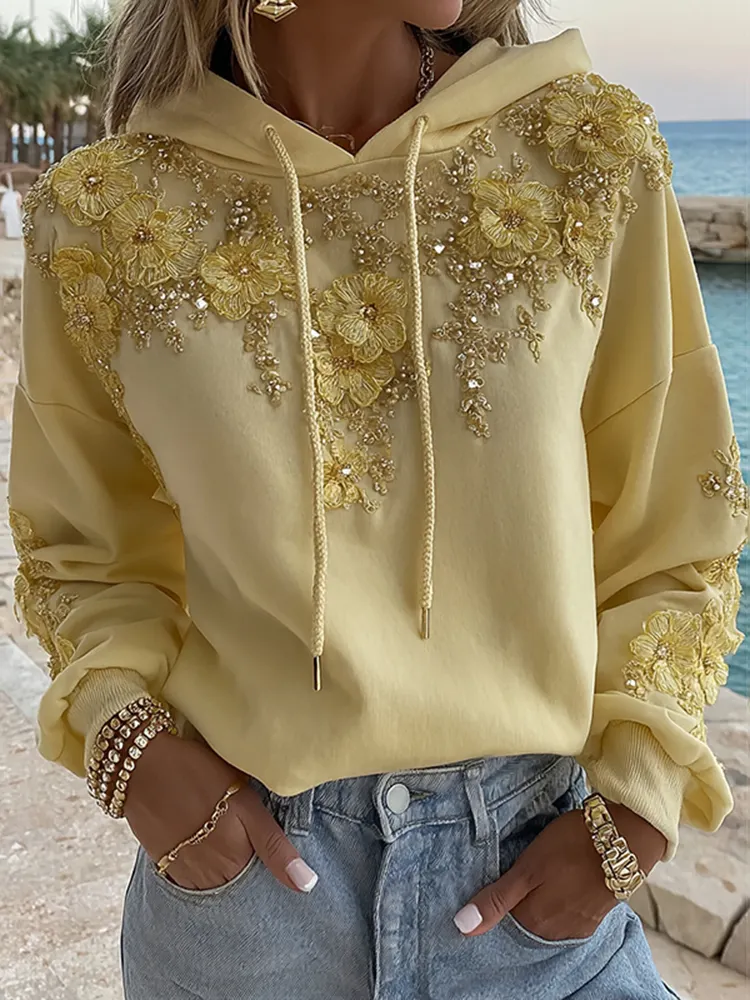 Women's Bohemian Yellow Floral And Gold Roses Embroidery Art Long Sleeve Hoodie