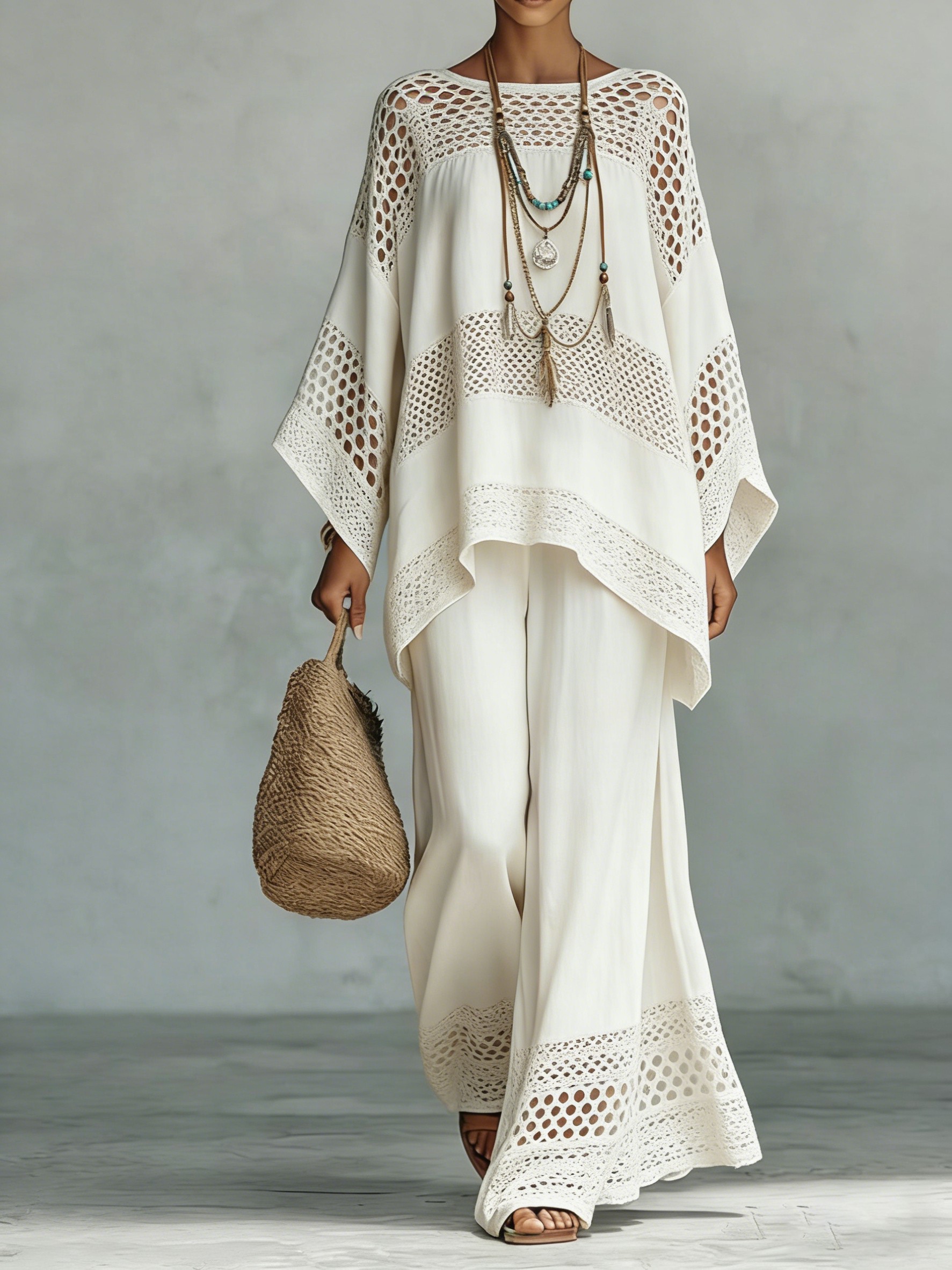 Comfortable & loose print pattern cotton & linen wide-leg pants two-piece set
