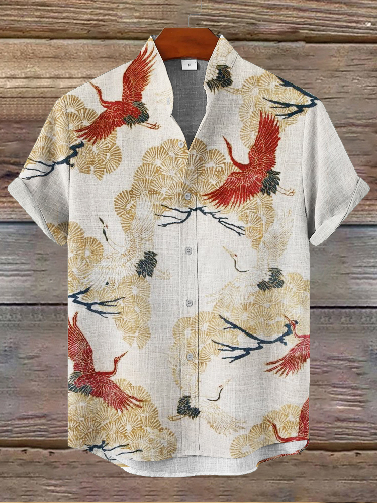 Japanese Crane Vintage Art Men's Linen Short Sleeve Shirt
