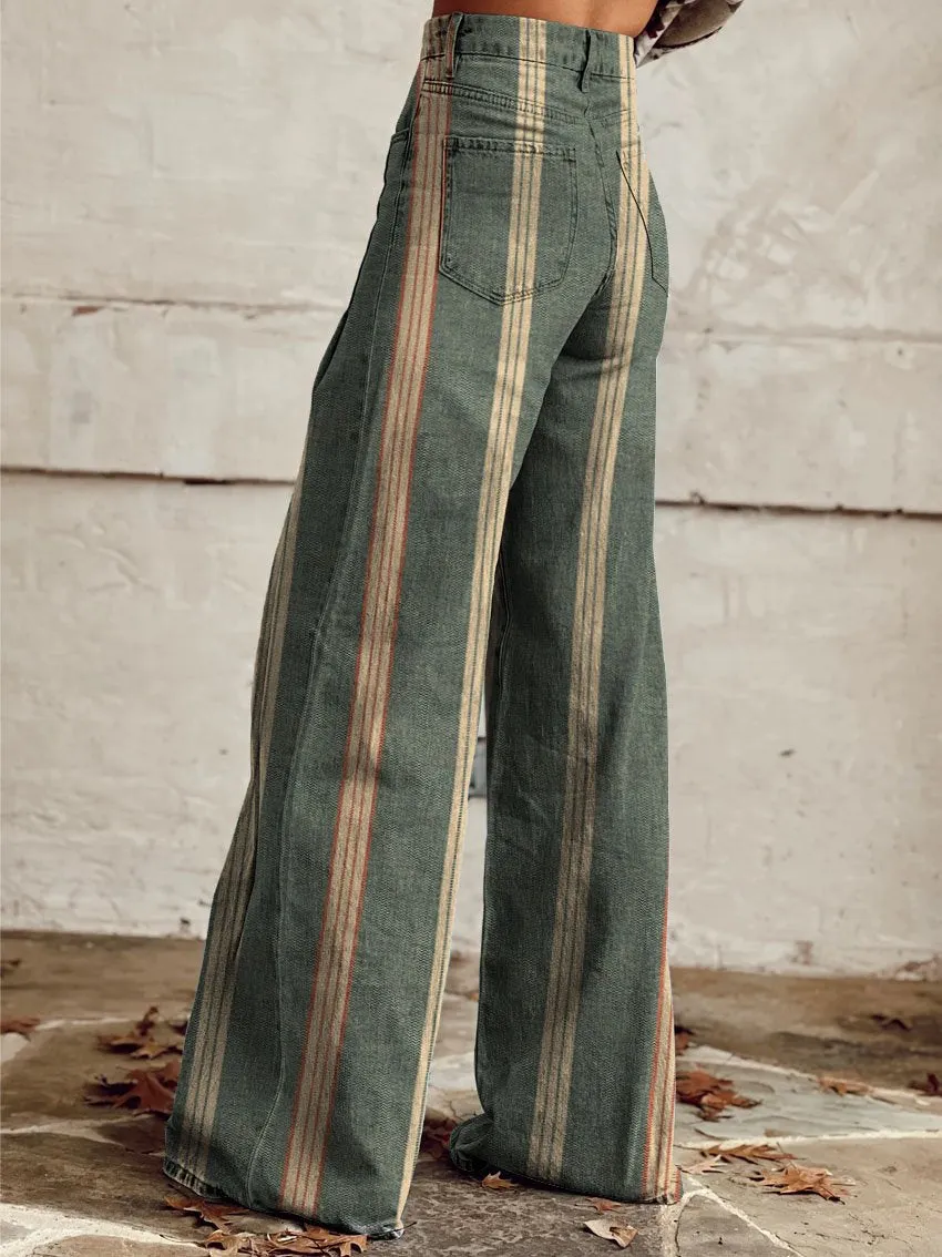 Green Stripe Print Casual Wide-Leg Pants
