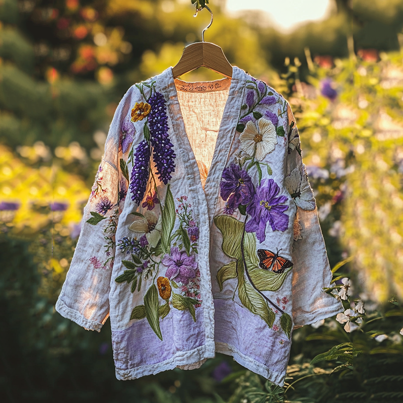 Vintage Floral Butterfly Print Kimono