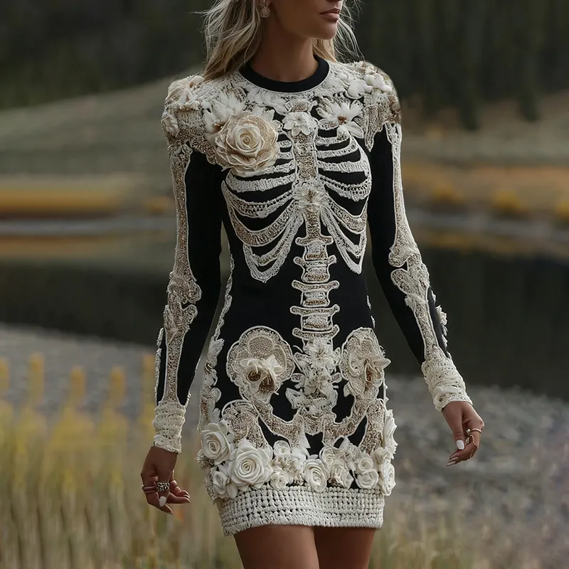 Women's Halloween Skeleton Bones With Rose Art Cozy Knit Mini Sweater Dress