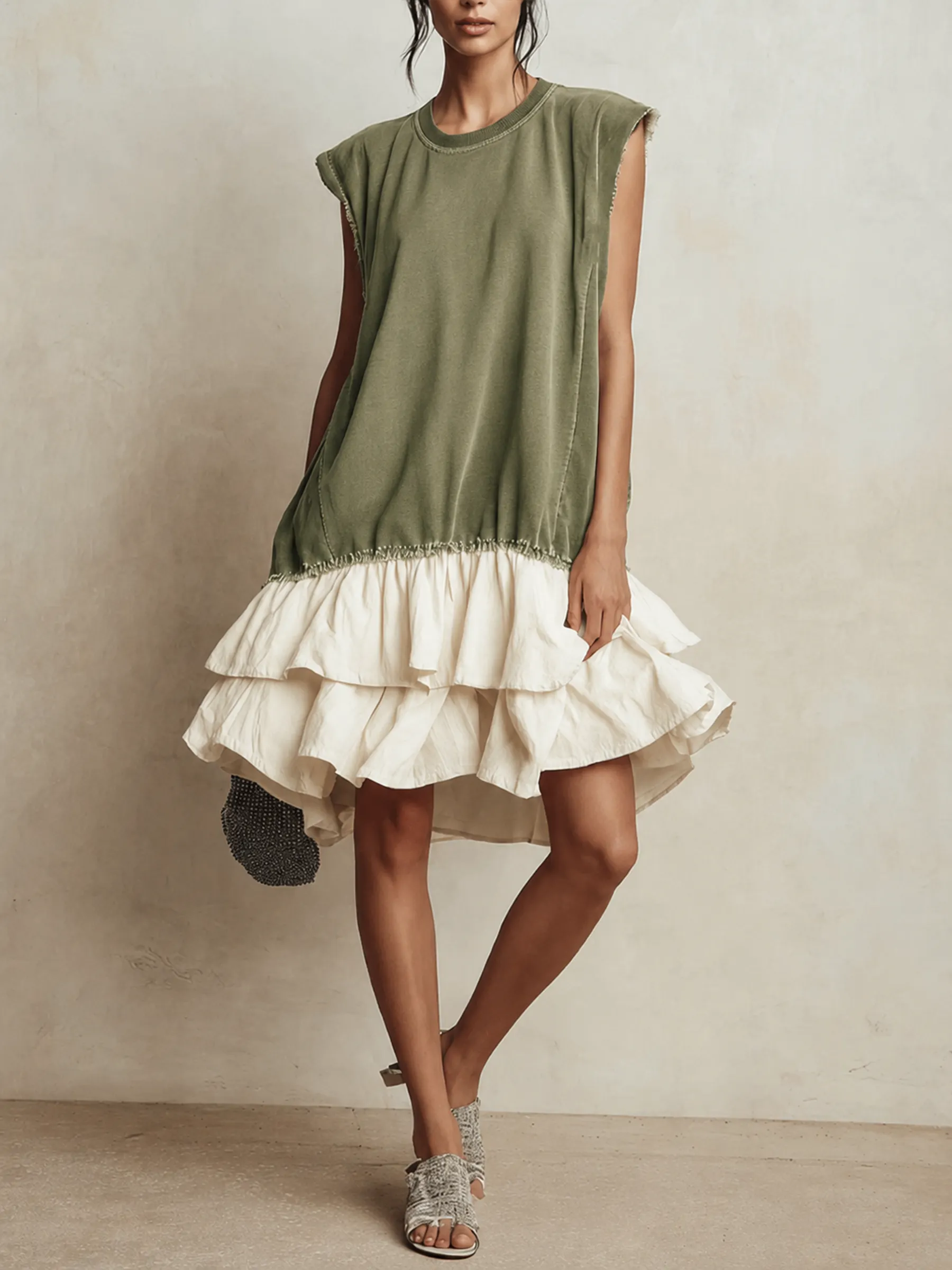 Contrast Raw Edge Tiered Hem Sleeveless Mini Dress Color Block Casual Loose Fit Vacation Dress