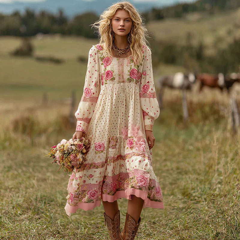 Women's Vintage Pink Rose And Polka Dot Casual Dress