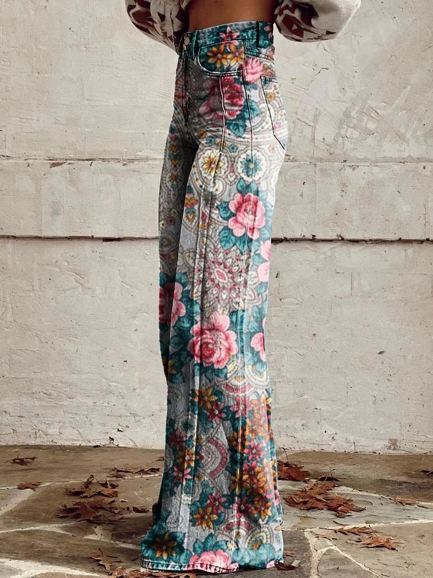 Vintage Bohemian Floral Print Casual Wide-Leg Pants