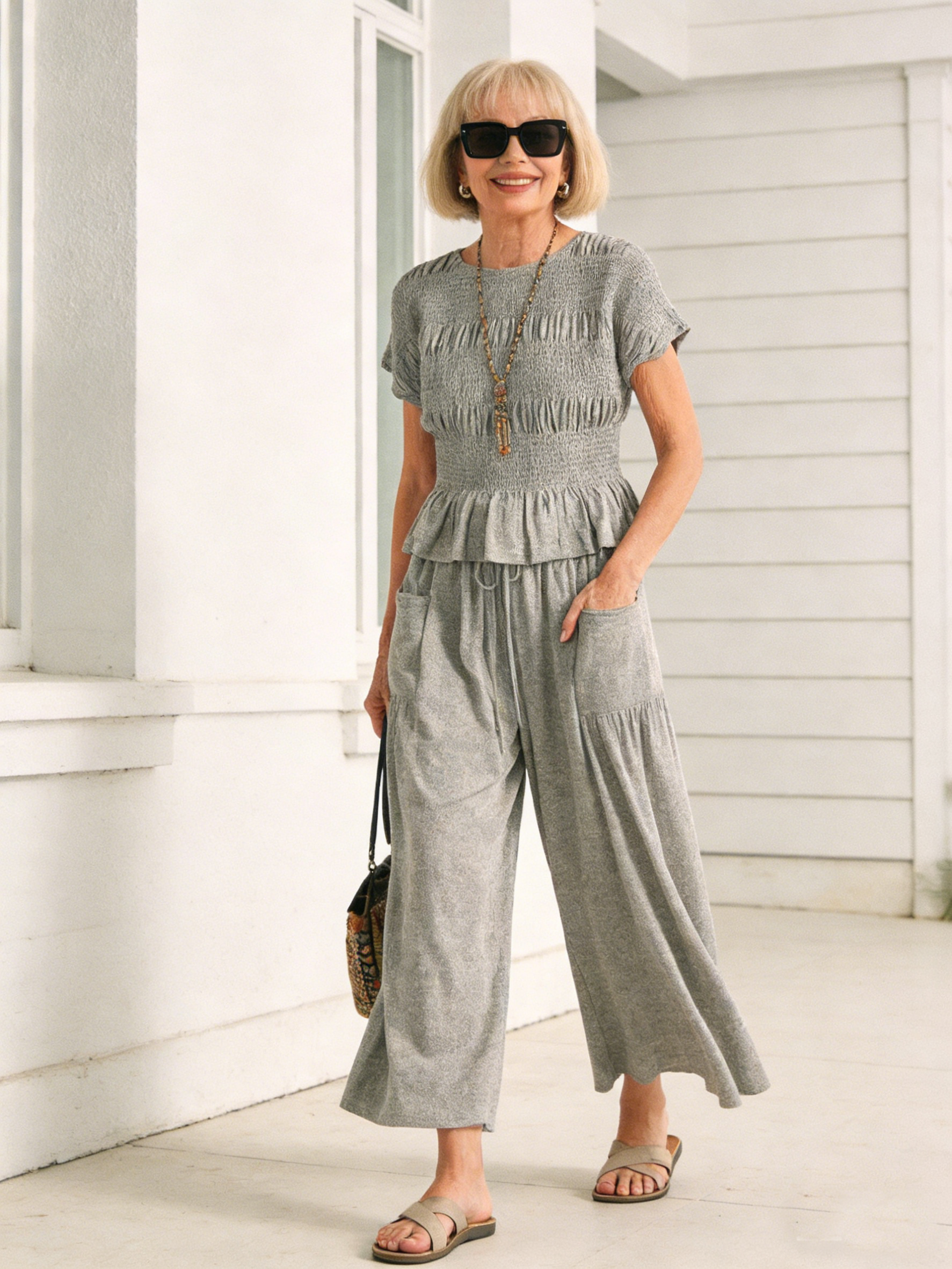 Green Ruffle-Hem Top & Wide-Leg Pants Set