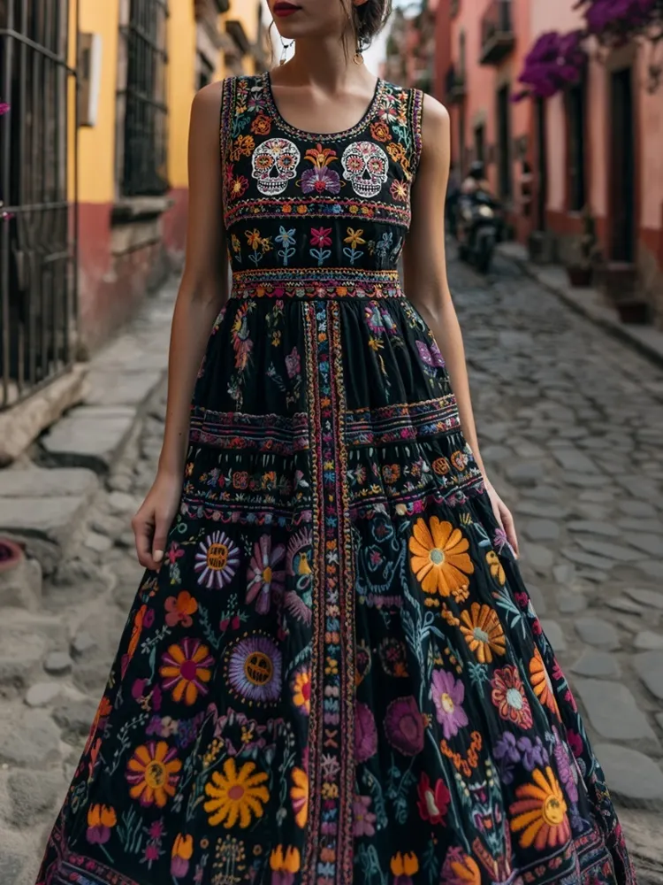 Day Of The Dead Sugar Skulls Floral Embroidered Linen Maxi Evening Dress