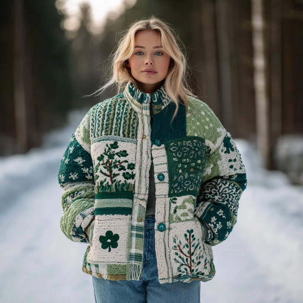 Women's Flower And Tree Button-collared Warm Sweater