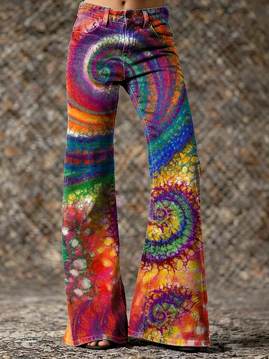 Bohemian Style Colorful Patterned Art Print Casual Slim-fit Flare Pants