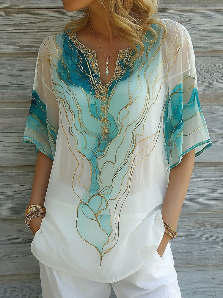 Vintage Marble Texture Collection Bohemia Women Style Gradient Gilded Pattern Round Neck T-shirt