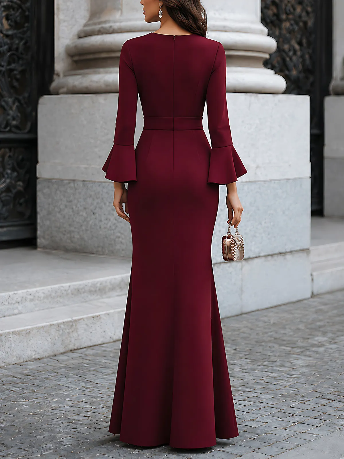 Burgundy Flared-Sleeve Mermaid Maxi Dress