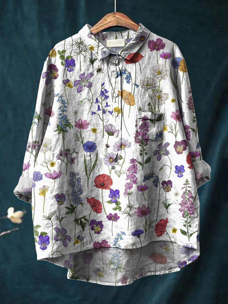 Spring Botanical Garden Pattern Printed Women's Casual Cotton & Linen Shirt