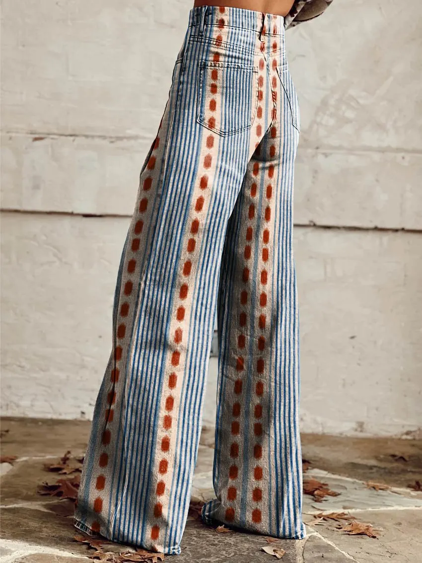 Blue & Red Stripes Print Casual Wide-Leg Pants