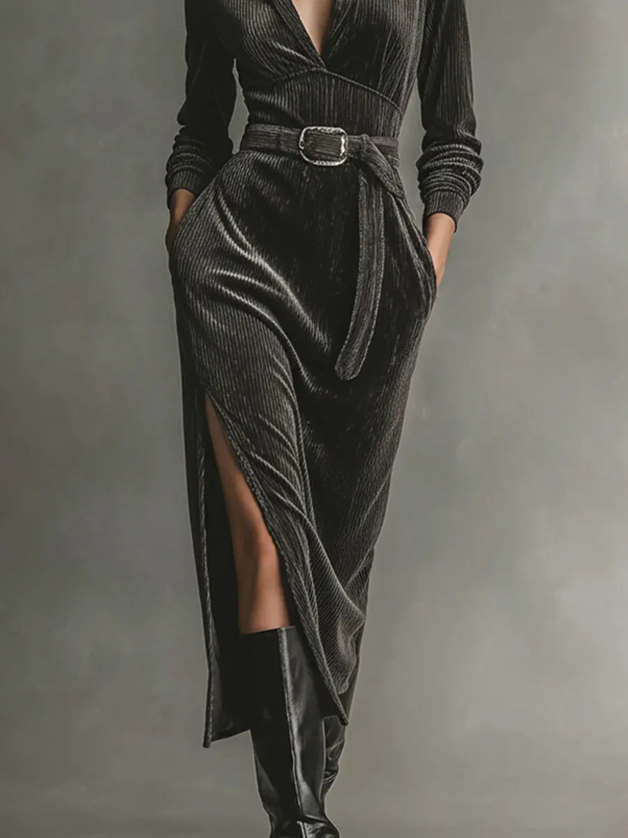 Elegant Corduroy Dress with Tie Neck and Side Slits