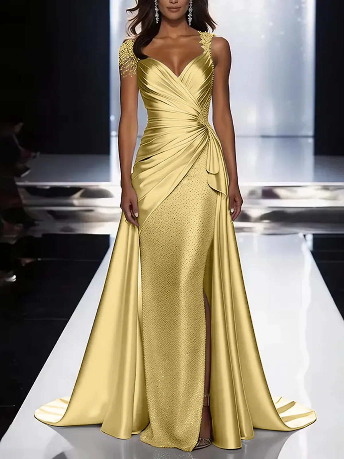 Silver Grey Deep V-Neck Draped Satin Metallic Mermaid Maxi Dress