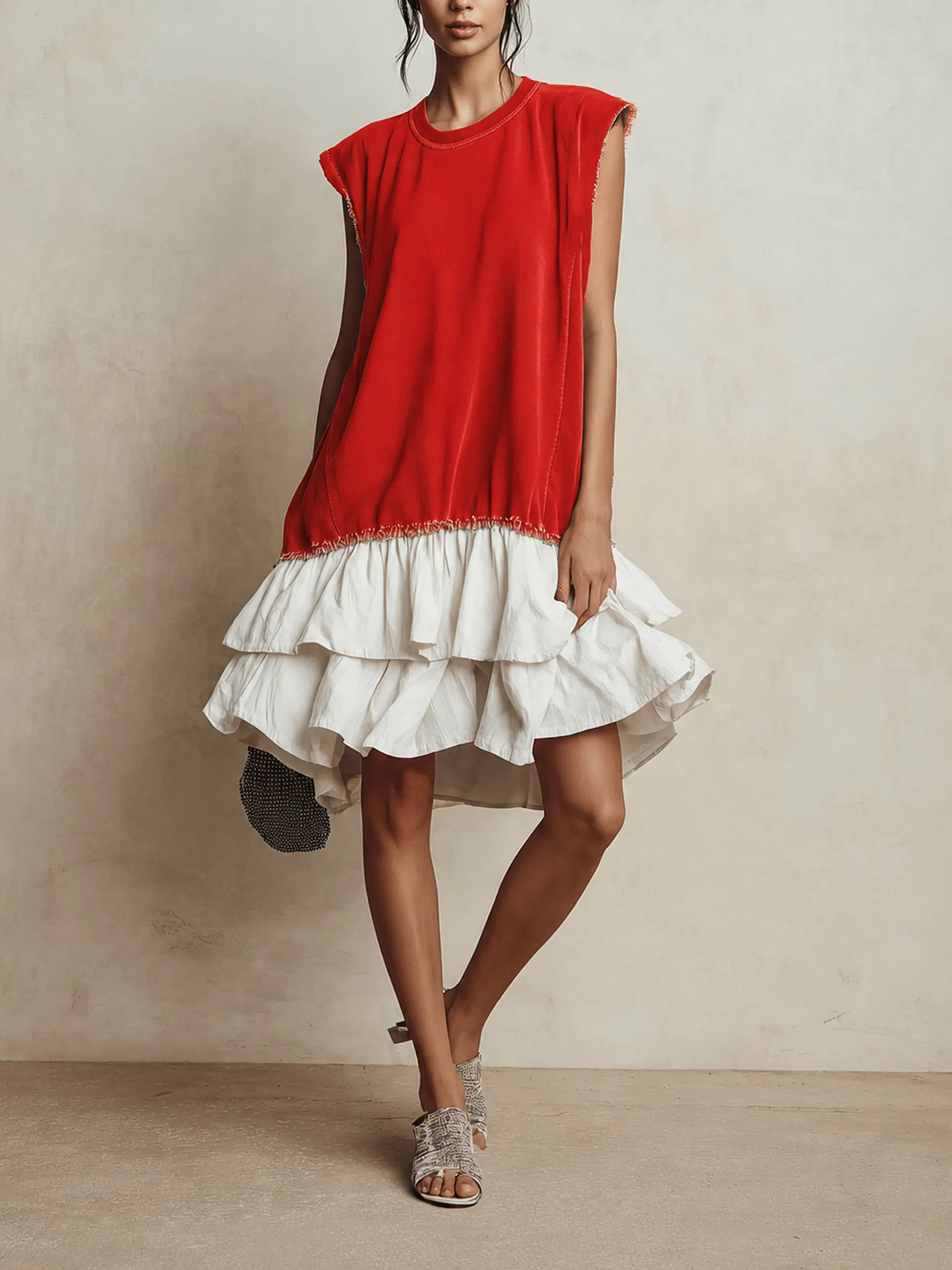 Contrast Raw Edge Tiered Hem Sleeveless Mini Dress Color Block Casual Loose Fit Vacation Dress