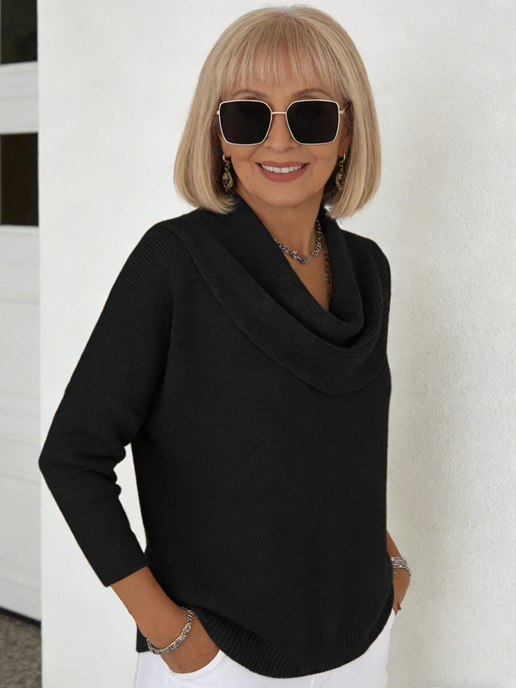 Ivory Cowl-Neck Knit Sweater
