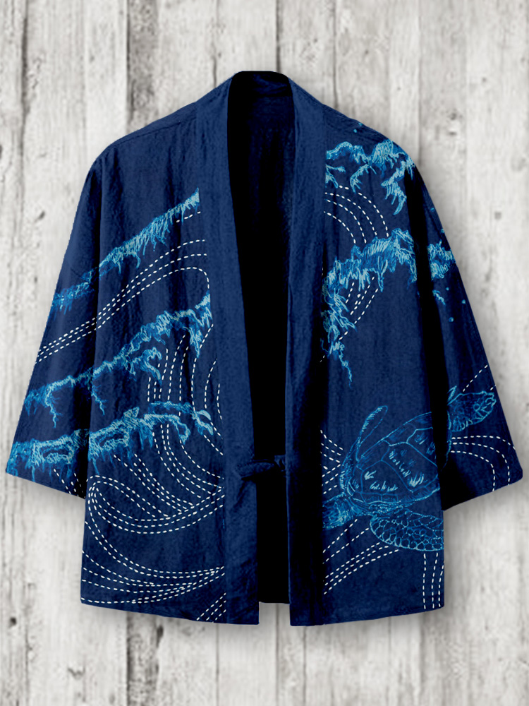 Ocean Waves& Turtle Japanese Sashiko Art Linen Blend Kimono Cardigan