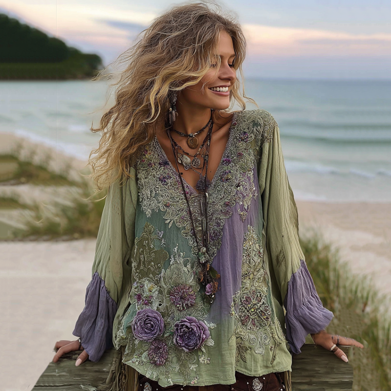 Vintage Purple Lavender And Floral Embroidered V Neck Long Sleeve Shirt