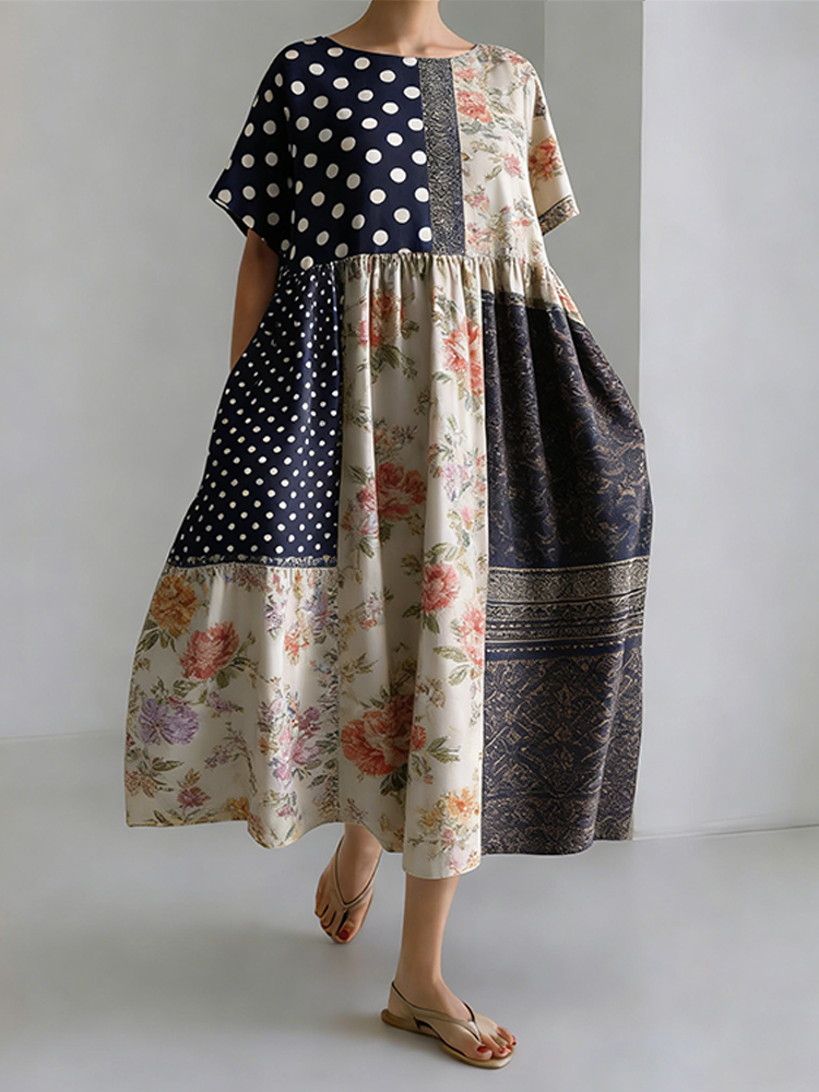 Vintage Floral Geometric Patchwork Round-neck Dress