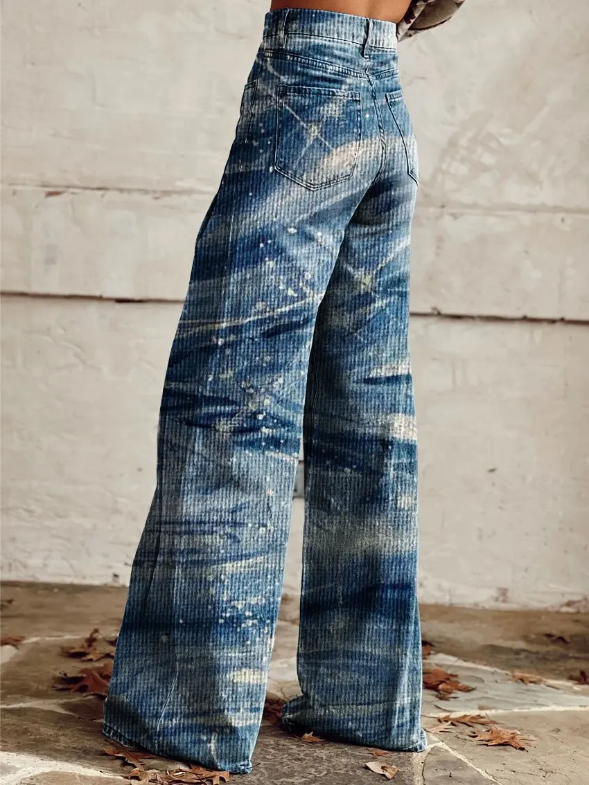 Vintage Print Casual Wide-Leg Pants