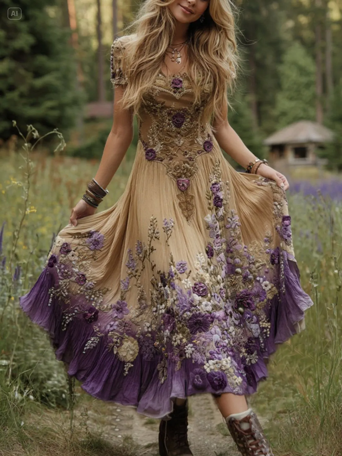 Classy Gradient Purple Lavender And Floral Embroidered Maxi Dress