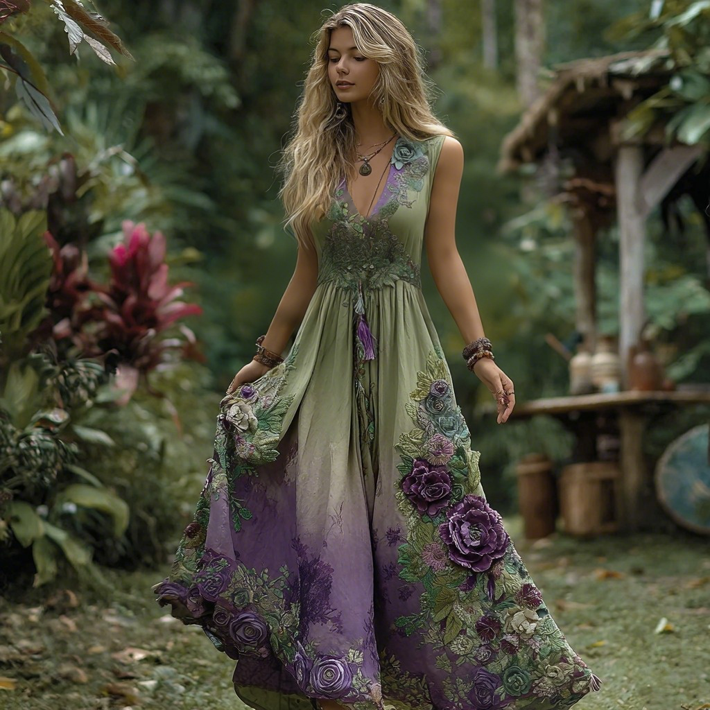 Vintage Purple Gilded Rose Embroidery Sleeveless V-neck Dress