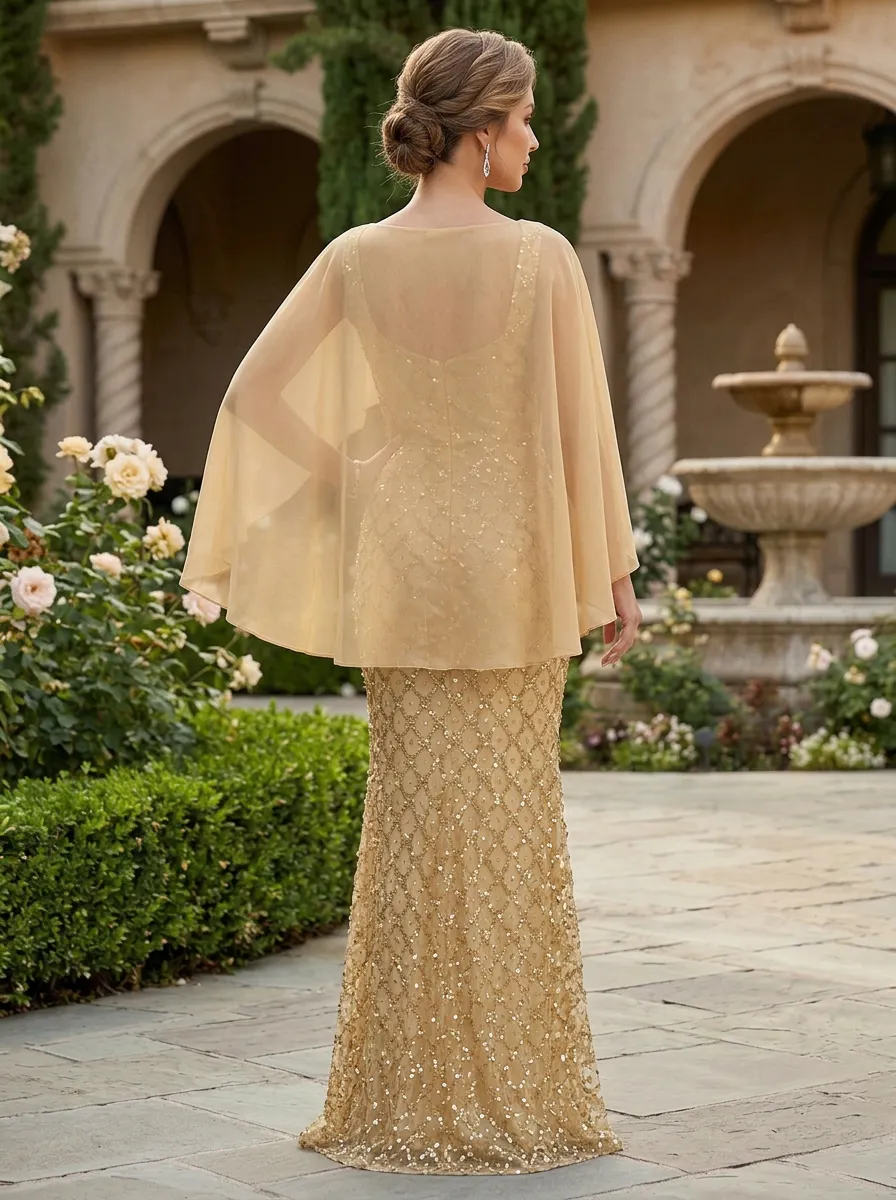 Gold Mermaid Gown With Chiffon Cape