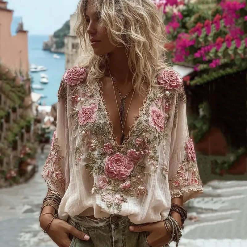 Women's Vintage Rose Floral Embroidery Art Comfy Linen Shirts