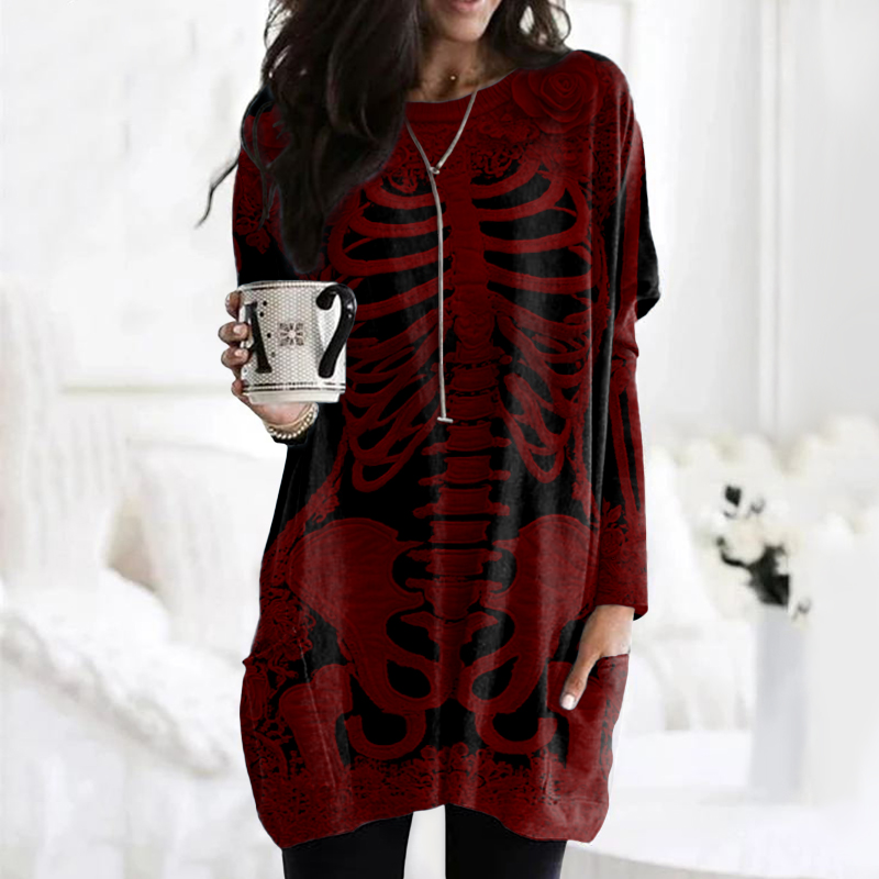 Women's Halloween Skeleton Bones With Rose Art Cozy Knit Turtleneck Mini Sweater Dress